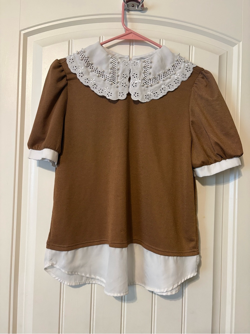 Brown Blouse with White Eyelet Collar and Layered Hem